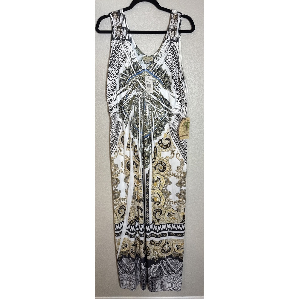 One World Womens XL Sleeveless Embellished Floral Maxi Dress Boho Beach NEW
